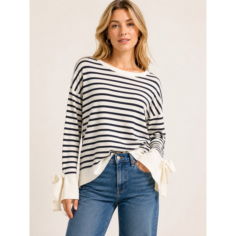 Ann Taylor Loft Navy White Striped Boat Neck Sweater Small Cotton Blend Top